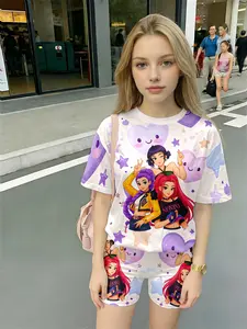 Girls' Heart & Star Cartoon Idol Girl Print Short-Sleeve T-shirt + Shorts Casual Cute Clothing Set