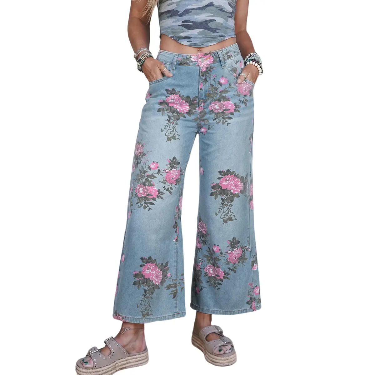 Women's High Waist Bootcut Denim Jeans with Elegant Garden Floral Print, Sky Blue Elevated Casual Street Wear, Elegance, Basic, Fitted Cut, Boot-Friendly Jeans, Full Length, Machine Washable, Vintage, Wide-Leg, Floral Jeans, Fashion Basics