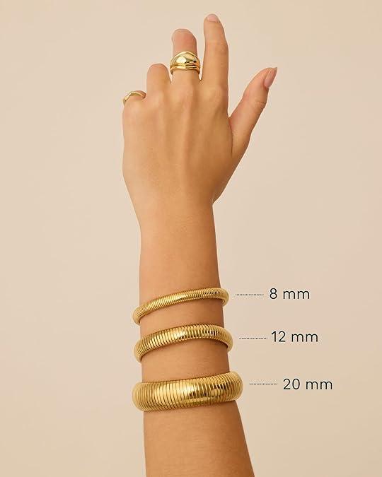 PAVOI Waterproof Chunky Stretch Bracelet for Women - 14K Gold Plated Cobra Statement Bracelets - Stainless Steel Flexible Bracelet - Trendy Gold Jewelry Gifts