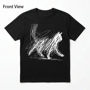 Abstract Cat Line - Drawing Printed T-Shirt for Women Men |   Casual Short Sleeve Top, Whimsical Sketchy Cat Graphic, Modern Retail Style Tee, Crew Neck, Regular Fit, All-season Wear