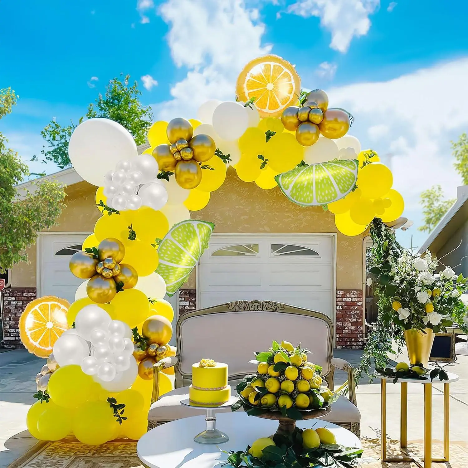 Yellow White Gold Lemon Balloon Garland Arch Kit 140Pcs Pearl White Balloon & Mylar Lemon Lime Ballooms For Lemonade Main Squzee Bridal Shower Lemon Theme Birthday Party Decorations