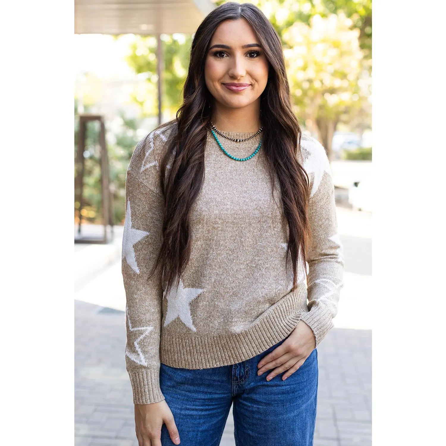 Khaki Star Pattern Drop Shoulder Sweater