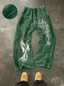 Men's washed cotton sweatpants with side seam design and gothic Graphic pattern, comfortable and casual, suitable for everyday wear, Fitted