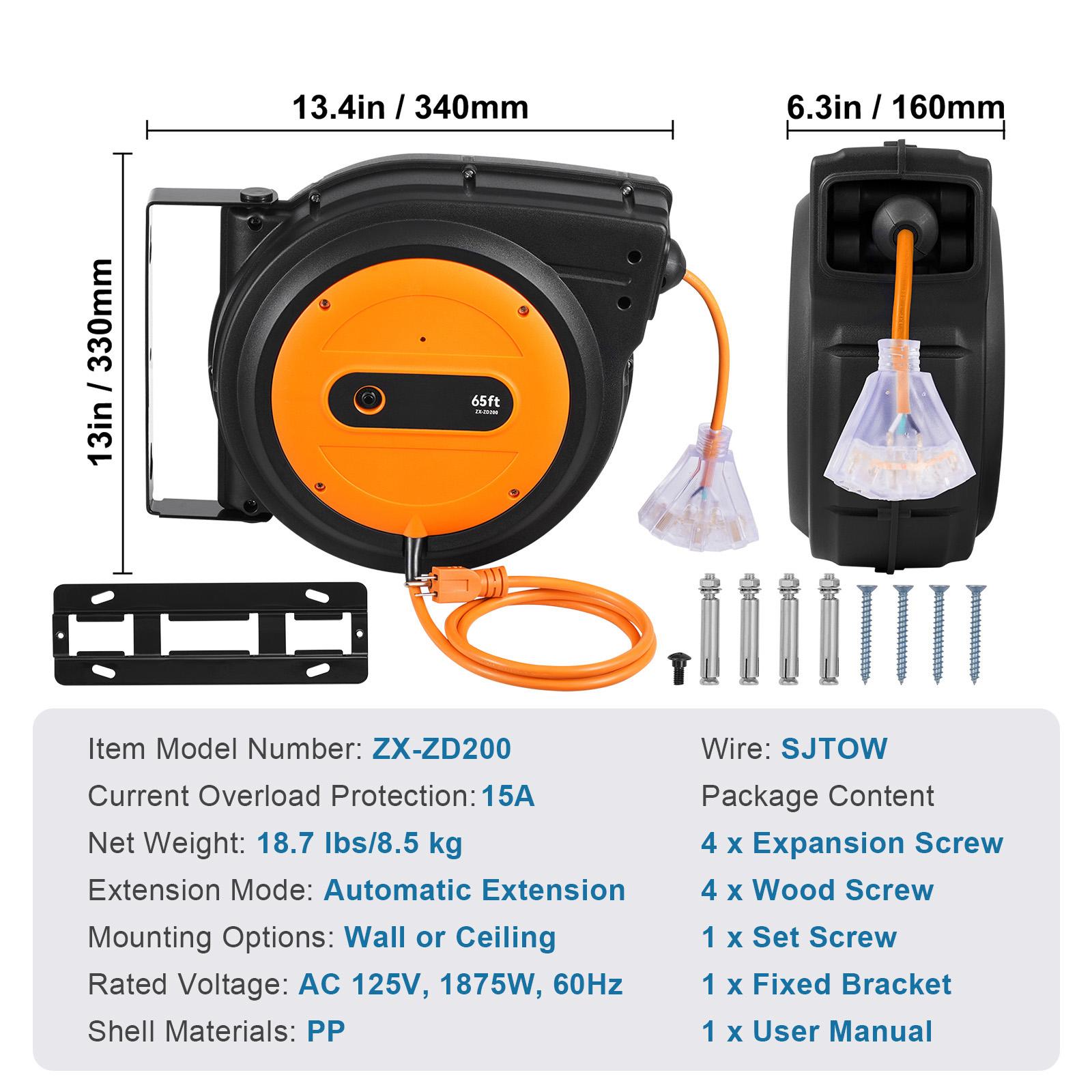 Retractable Extension Cord Reel Power Cord Reel 65FT 12AWG 3C SJTOW