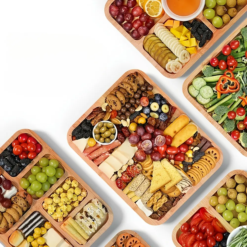 Bamboo Snack Tray with Clear Locking Lid, 5-Section Serving Platter with Handle, Reusable Cheese & Charcuterie Board for Party, Picnic, Camping, Fruits, Nuts and Appetizers