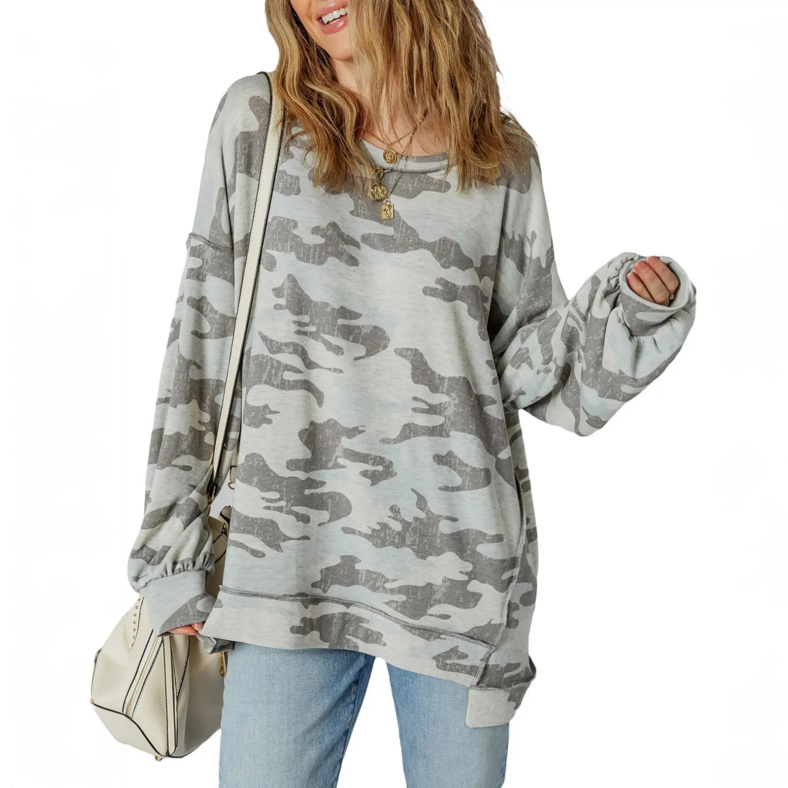 Asvivid Women's Oversize Retro Camouflage Print Tunic Sweatshirt Top - Exposed Seam, Patchwork, Drop Shoulder, Long Sleeve, Crew Neck Pullover - Slim Fit for Everyday Casual Spring, Autumn Fashion