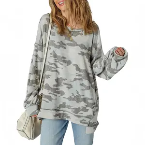 Asvivid Women's Retro Camouflage Print Exposed Seam Patchwork Drop Shoulder Sweatshirt Long Sleeve Crew Neck Pullover Tops Casual Spring Autumn Fashion