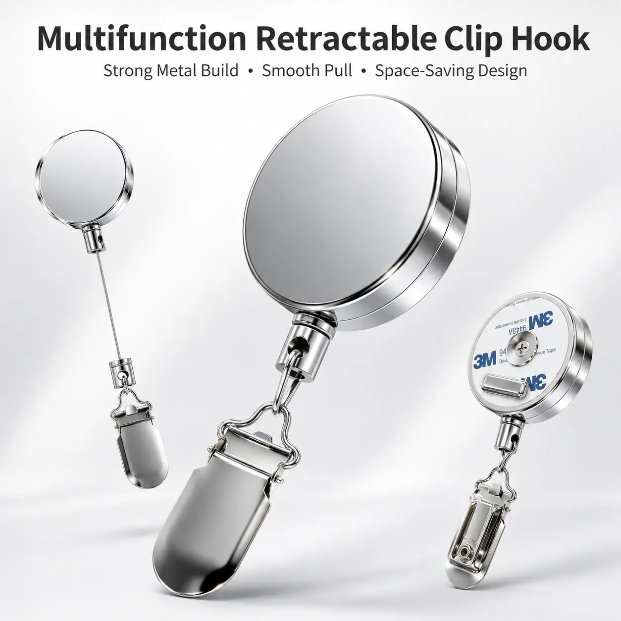 RUXACTY Zinc Alloy Retractable Towel Clip Hook, Self-Adhesive Wall-Mounted Hanging Towels Holder with 23.6in Retractable Cord, Multipurpose Clip for Bathroom, Kitchen