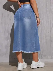 Women's Casual Stretch Mid Rise Long Denim Skirt Women Button Down Mid-Length Streetwear Denim A Line Skirt Womens Elegant And Stylish Style Elastic Hip Skirt Long Dress with Furry Edges Womenswear Bottom Palda Basic Fitted Coat