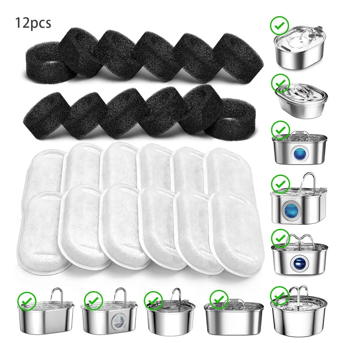 Triple Filtration System Replacement Filters for Automatic Pet Fountain, 12pcs Cat Water Fountain Replacement Filters, Pet Supplies