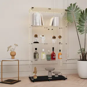 Tempered Glass Display Cabinet with Bluetooth LED Strip, Remote & App Control, Swivel Casters, Black Storage Cabinet for Living Room, Dining Room, Home Bar, Office, Wine & File Cabinet, Multiple Use Scenarios, Home Furniture and Household