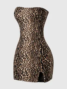 Leopard Print Strapless Tube Top Club Dress Split Bodycon Party Club Mini Dress for Nightclub Casual Daily Wear