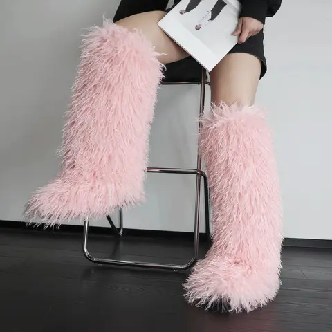 Women's Chic Knee-High Boots - Polyester PU Footwear with Stylish Plush Faux Fur Trim, Elegant Round Toe, Rubber Sole, Slip-On Design for Casual, Formal Wear