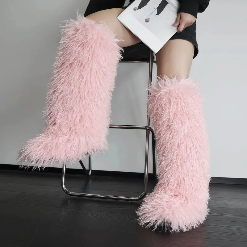 Women's Chic Knee-High Boots - Polyester PU Footwear with Stylish Plush Faux Fur Trim, Elegant Round Toe, Rubber Sole, Slip-On Design for Casual, Formal Wear