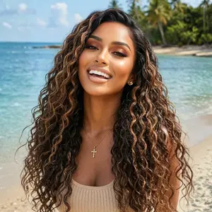 Unice  Water Wave Wig Black with Golden Brown Highlights Bye Bye Knots Pre-cut 7x5 HD Lace Closure Human Hair Wigs Natural Scalp Ready to Wear Beginners Friendly summerwins