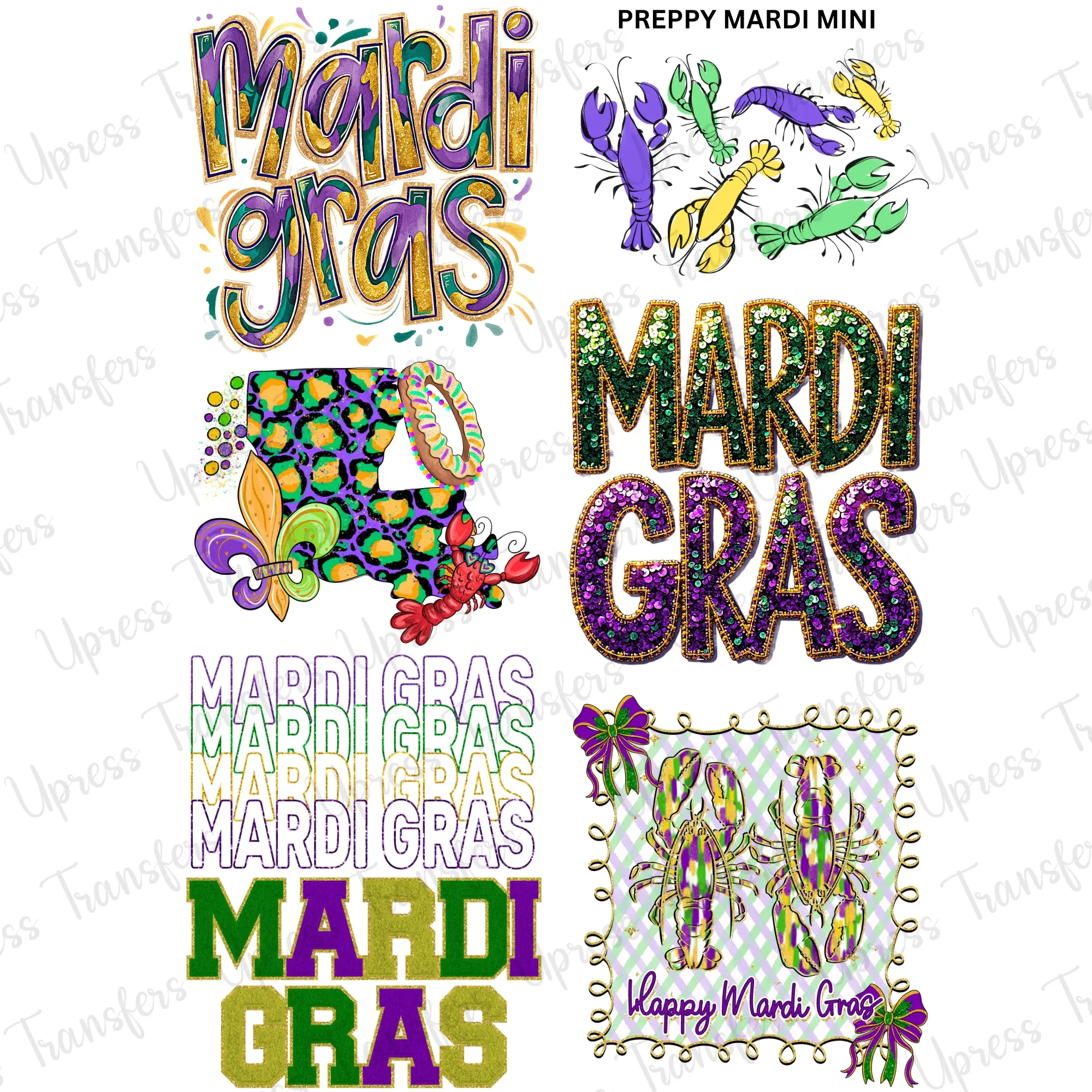 Preppy Mardi Mini DTF Transfer Gang Sheet 24.5" Wide x 36" Long Direct To Film Trendy Vibrant Designs for Stylish Wardrobe