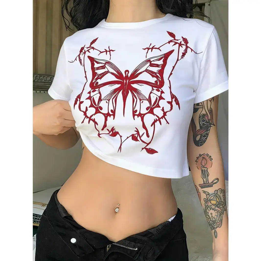 Red Butterfly Thorn Skeleton Graphic Crop Top - Soft Cotton Y2K Baby Tee for Grunge, Goth, E-girl, Streetwear, Punk | Trendy Aesthetic Cropped T-Shirt, Vintage 90s Style, Breathable Fabric, Casual Wear, Concert Outfit, Statement, Womenswear