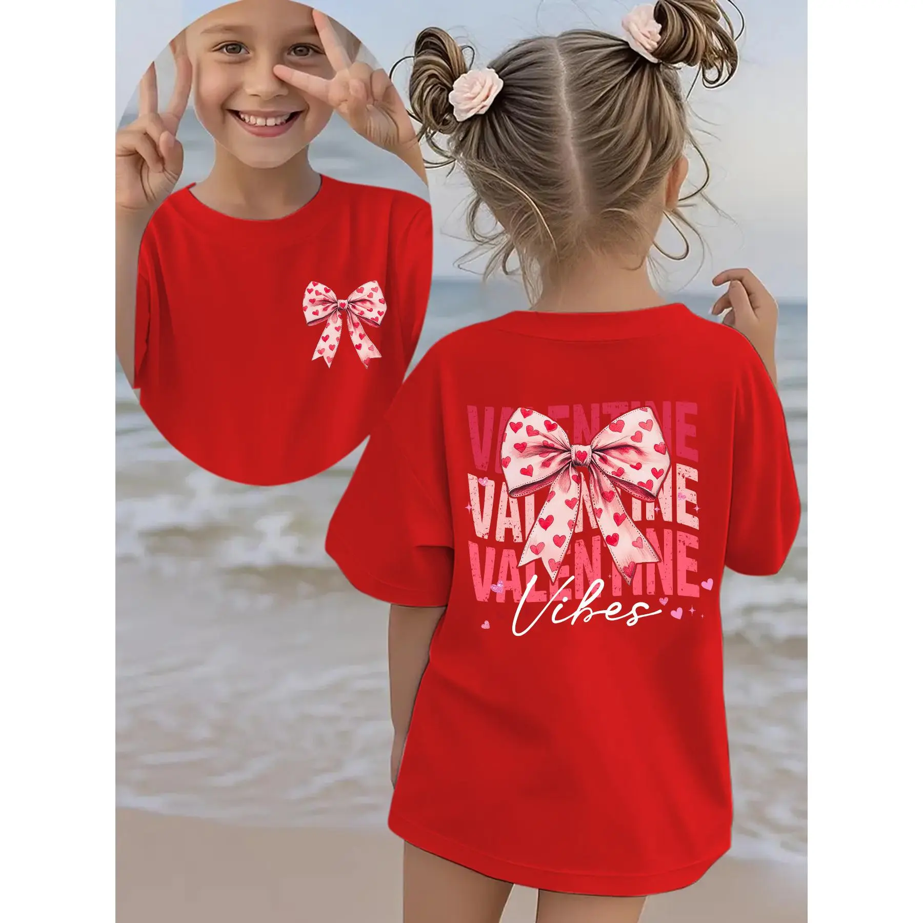 Valentine's Day" Summer Fashion Girls' Short Sleeve T-Shirt "VALENTINE VIBES" Bow Letter Cartoon Print Double-Sided Casual Versatile Top