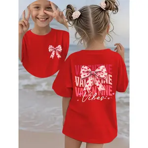 Valentine's Day" Summer Fashion Girls' Short Sleeve T-Shirt "VALENTINE VIBES" Bow Letter Cartoon Print Double-Sided Casual Versatile Top