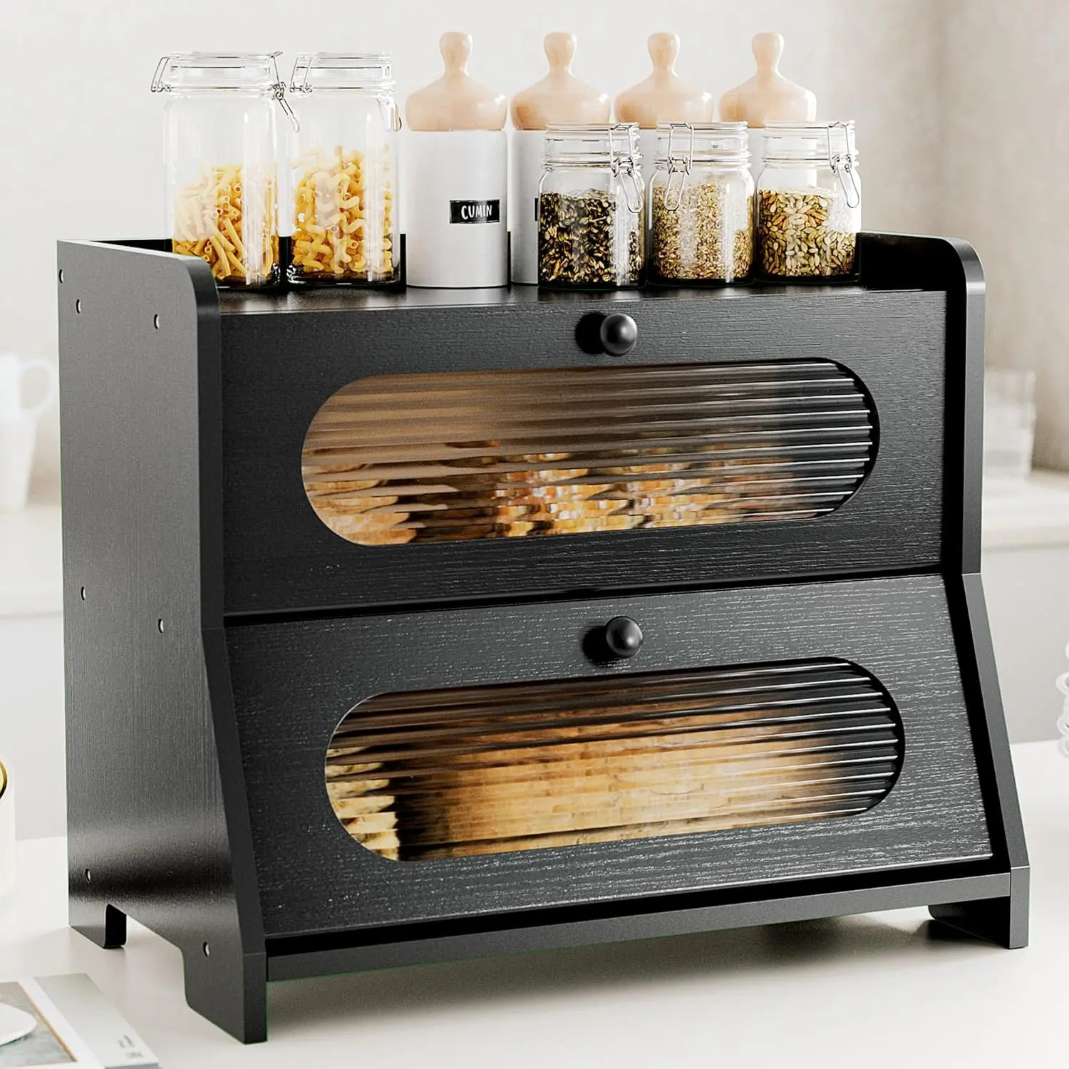 Bread Box for Kitchen Countertop,Double Layer Large Capacity  Bread Storage Container with  Wavy Door Panel for Kitchen Counter,Cabinet,Pantry(Black)