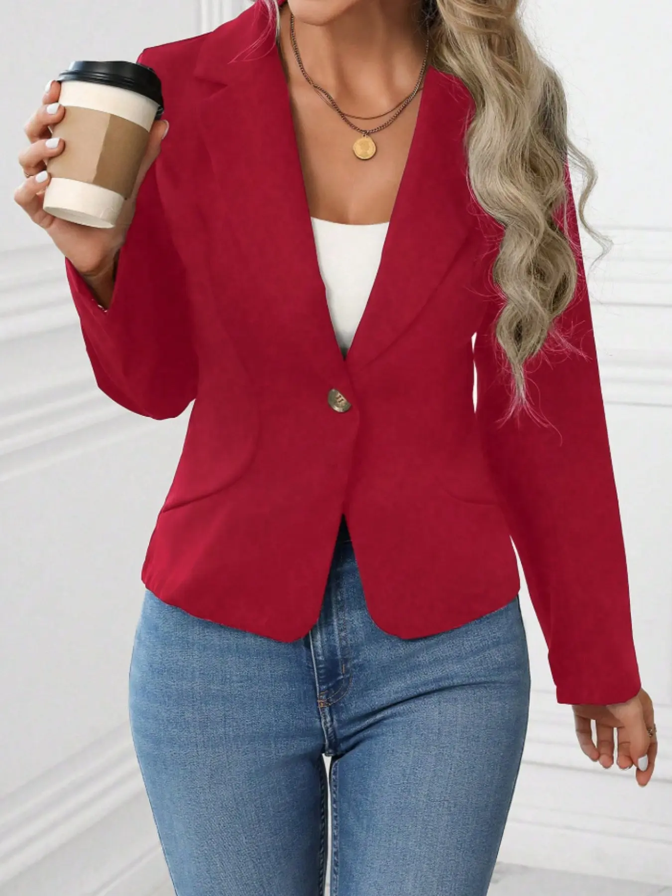 Women's High-End Solid Color Fitted Blazer Jacket Long Sleeve, Stylish Chic Elegant Ladies' Suit Outerwear, Perfect for Formal and Casual Occasions, Style