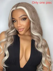 Long Brown 13x4 Lace Front Wig,Highlighted Skunk Stripe Brown Mixed with White Lace Front Wig,Curly Wavy Wig,Natural Style High-Quality Heat Resistant Synthetic Fiber Wig,Suitable for Daily Wear, Parties, Cosplay and Halloween