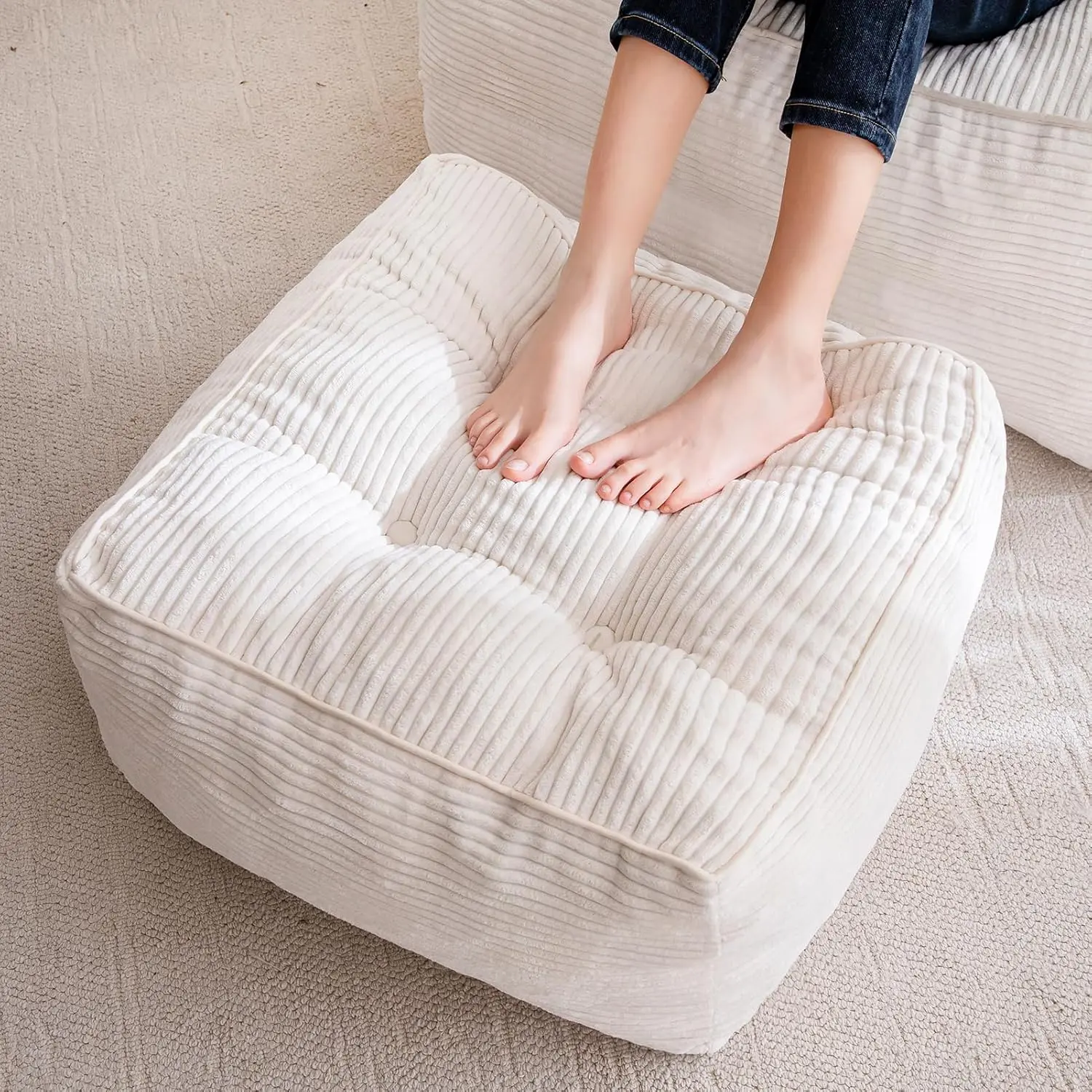 HIGOGOGO Square Filling Cushion Footstool, corduroy cushion with foam-filled blocks, fluffy and soft cushion footstool for storage, 21×21 floor cushion footstool, suitable for living room, beige