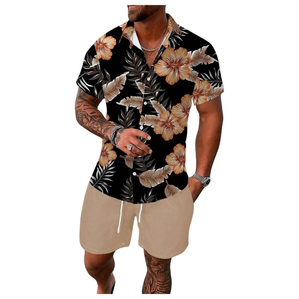 Men's 2 Piece Matching Sets - Classic Tropical Plant Print Short-Sleeve Hawaiian Shirt & Stretch Shorts, Breathable Quick-Dry Lightweight Casual Multi-Size Menswear Vacation Outdoor Outfit