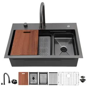 Logmey 31x20 Inch Waterfall Kitchen Sink Single Bowl Drop In Kitchen Sink 16 Gauge Stainless Steel Workstation Sink With Glass Rinser,Faucet