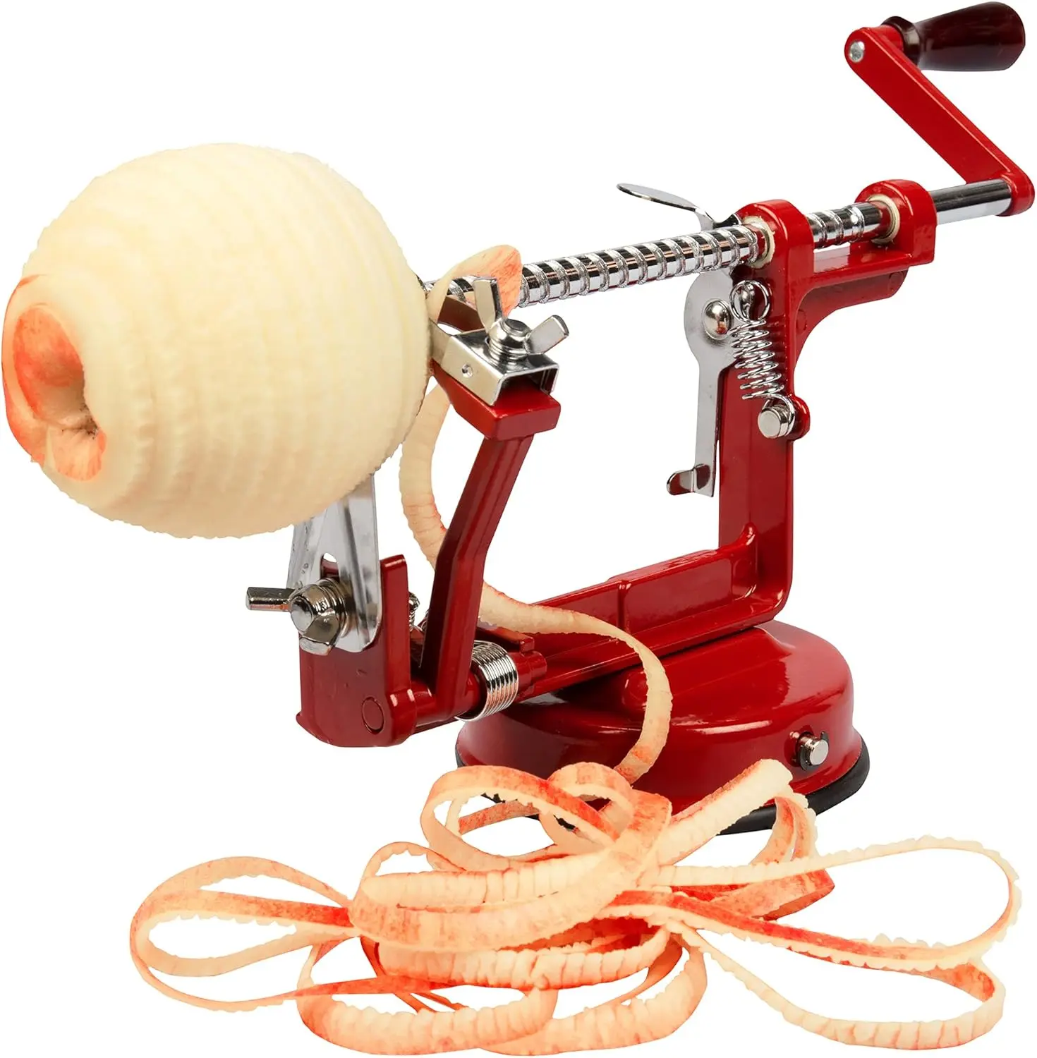 3-in-1 apple peeler, slicer, and corer with a strong suction cup base; red stainless steel manual fruit processing tool.