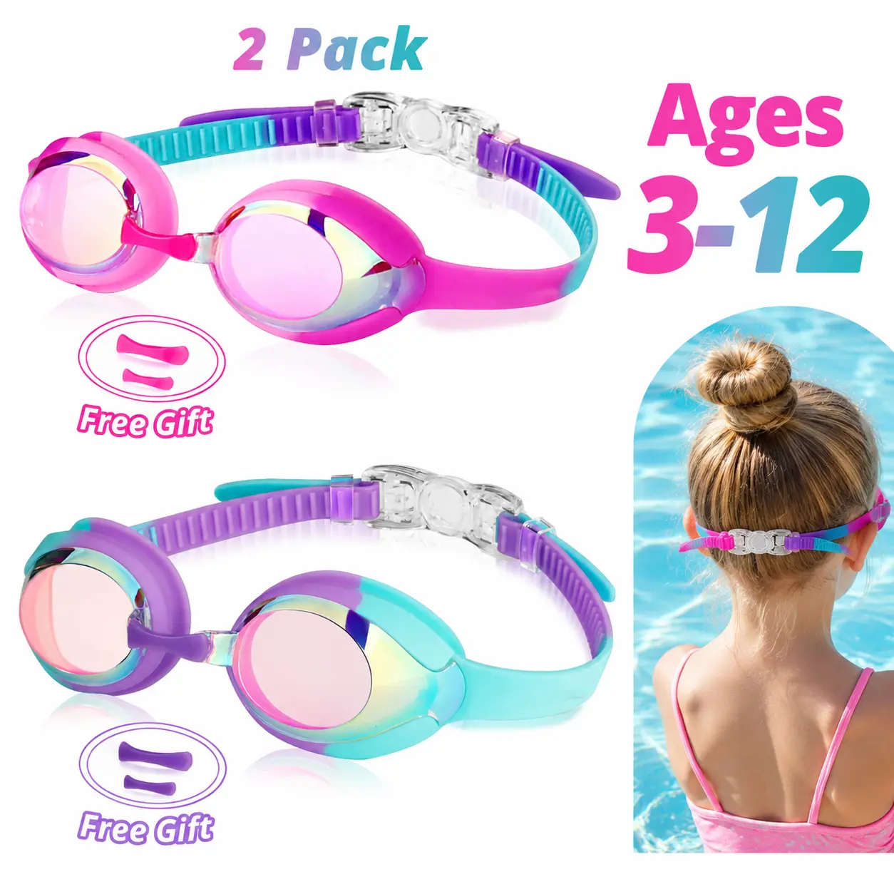 Kids Swim Goggles 2-Pack (Ages 3-12) - Anti-Fog, UVA/UVB Protection, Waterproof, Leak-Proof Silicone Gaskets, Removable Nose Bridge,   Unisex ,1-Piece Design for Training & Leisure