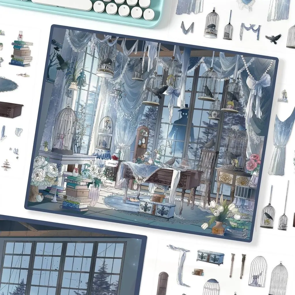 Elegant deep blue vintage indoor scene sticker set, pre-cut birdcage, lace curtain, antique furniture PET stickers, DIY multi-layer 3D mini room collage handmade gift (includes tweezers)