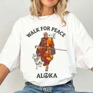 Peaceful Monk & Aloka Dog Zen Minimalist Art Shirt - Relaxed Fit s Tee in Vintage Pigment Dyed Faded Cotton, Unisex Oversized Soft Heavyweight Aesthetic Wear for Meditation Walks, Chill Everyday Vibes, Casual Streetwear & Cozy Loungewear