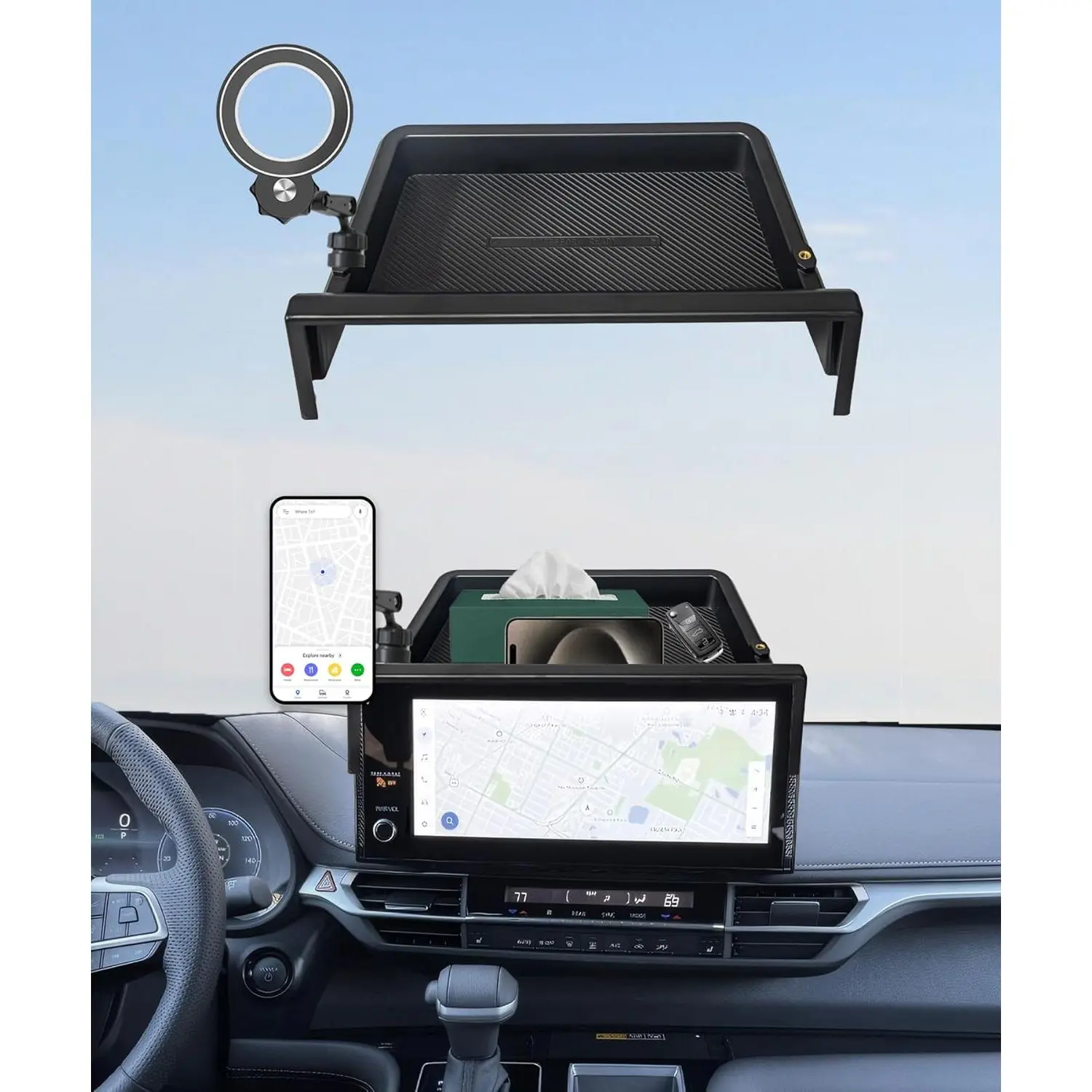 Magnetic Car Phone Holder for 2025-2026 Toyota Sienna Accessories, Sturdy Fixed Clip with Dashboard Storage Tray, 8/12.3 in Screens Screen Support, 360-Degree Rotation Optimal Viewing Angles, 1-Handed Install, Metal Rings Compatible with iPhone 12-17, 1-H