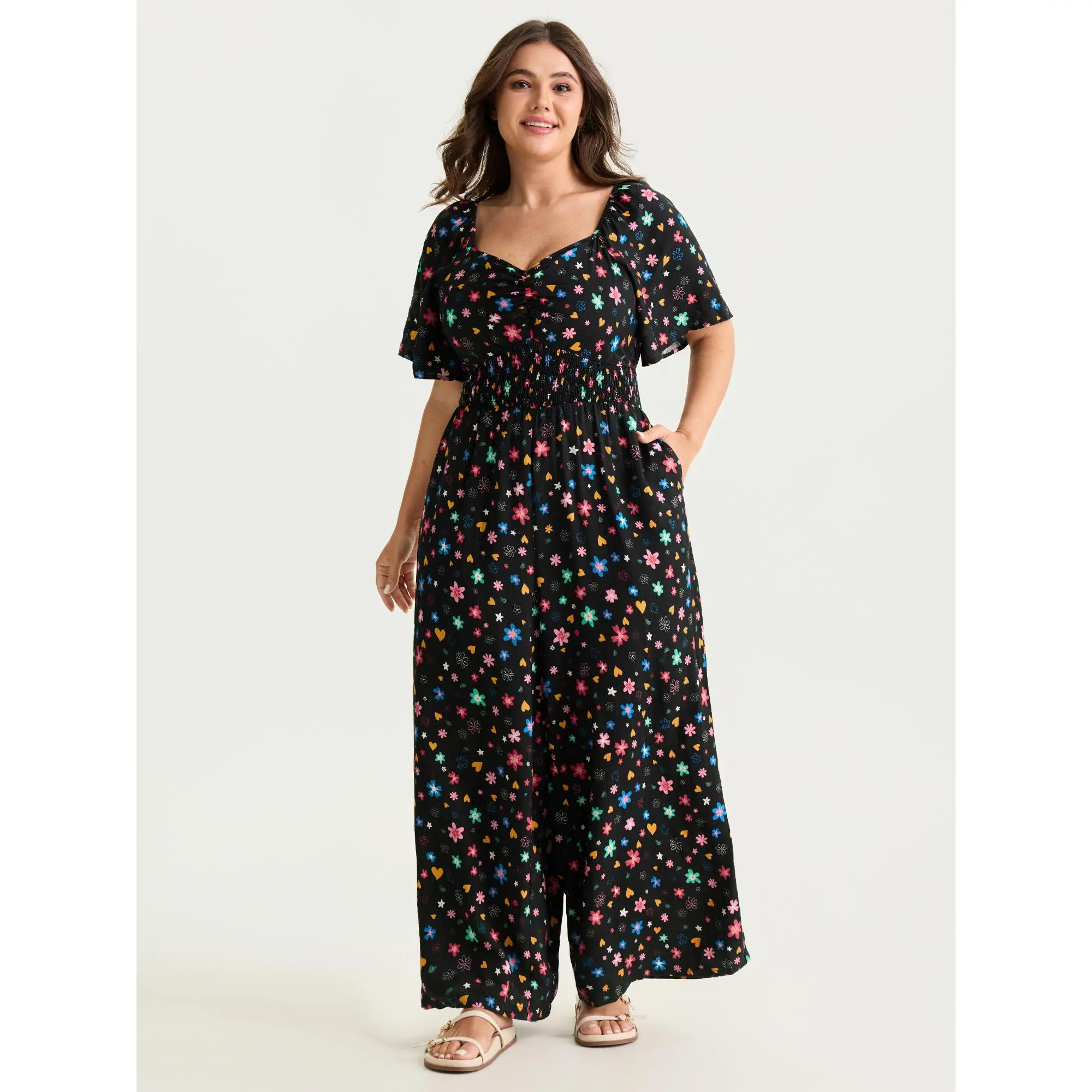 BloomChic Women's Plus Size 2-in-1 Romper Overalls, Casual Short-Sleeve Curvy-Friendly Garment with Smocked Waist, Pockets, Smooth Rayon Blend Fabric, Fit for Summer (Cold Wash Recommended, Do Not Tumble Dry, Low Iron)