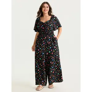 BLOOMCHIC Plus Size Colorful Floral Heart Print Cinched-Waist Jumpsuit [M-6X]2026 Summer Vibes