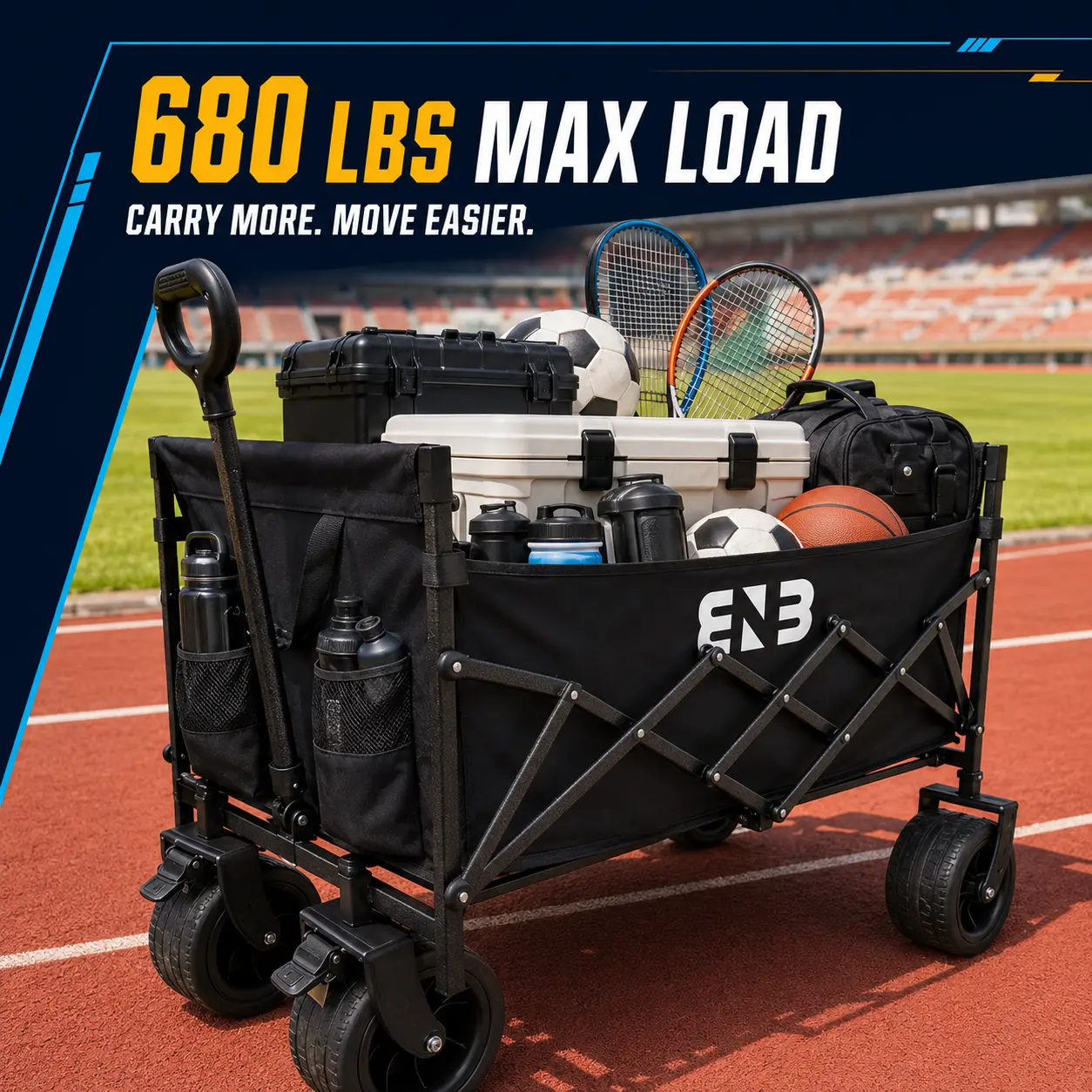 ENB 680LBS Heavy Duty Track & Field Equipment Wagon, Foldable Athletic Gear Transport Cart With 360° All-Terrain Wheels, Adjustable Handle & 600D Oxford Fabric For Coaches, Teams, Training & Meets