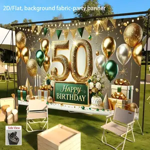 1pc 2D Flat Golden Birthday Backdrop - Elegant Golden & Green Party Banner with Large '50' Centerpiece, Durable Polyester Fabric Decoration for 50th Birthday, Anniversary, Wedding, Corporate Events - No Electric