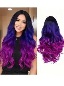 Ombre Wig Rainbow 3 Tone, 26 Inch Long Wavy Synthetic Hair, Heat Resistant Dark Root, Cosplay Halloween Costume for Women, Synthetic Wigs