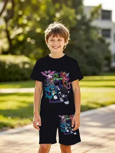 Boys' 3D Short Sleeve Set American Style Poppy Playtime Monster Army Full Print Casual Fashion for Outdoor, Holiday Gifts, Birthday Presents
