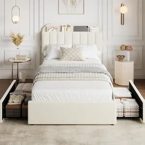 Twin Bed Frame with Storage Headboard, Kids Bed Frame with 2 Drawers, Boucle Upholstered Platform Bed with Bookcase, No Box Spring Needed, Easy Assembly, Ivory White
