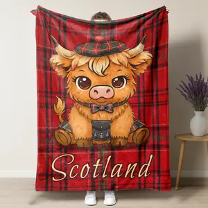 Scottish Highland Cow Throw Blanket,Red Tartan Plaid with Traditional Tam o' Shanter & Sporran, Soft Flannel Blanket for Scotland Lovers,Perfect Cozy Gift for Highland Cow Enthusiasts for  Sofa Bedroom Dorm Couch Office