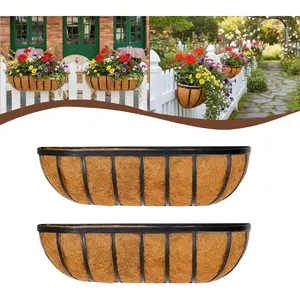 2 count 16" Railing Planter Window Box Deck Railing Planters Boxes with Coco Liner English Horse Trough Planters Metal Wall-Mounted Planter Basket for Outdoor Balcony Porch Fence Patio Rail