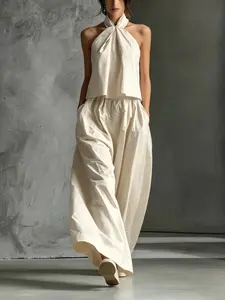 Women's Two-Piece Set, Loose Neck Sleeveless Top, High-Waisted Wide-Leg Pants, Comfortable Casual, Summer Fashion Ensemble, Womenswear, Comfy Summer Sets