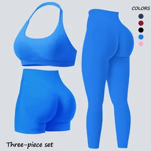 Jetjoy Gym Workout Sets for Women 3 Piece,Seamless Halter Backless Sports Bra +Hidden Scrunch Bum Shorts +Mid Waist Leggings Sets Gym Yoga WorkOut Clothes, Matching 3 Piece Sets athleisure Gym Outfits Workout Tracksuits summeroutfit