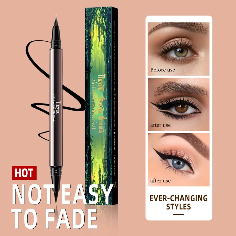 Vegan Double-End Waterproof Liquid Eyeliner (Single Item) - 24-Hour Wear, Creamy Smooth, Smudge-Proof, Youth-Focused Eye Makeup Supplies, Makeup Products
