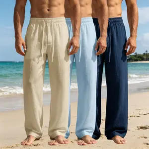 3-pack men’s summer beach vacation casual pants, couple style with a loose fit, lightweight breathable drawstring long pants, 100% polyester fiber, soft, skin-friendly, comfortable—suitable for seaside trips, beach vacations, home leisure, everyday outing