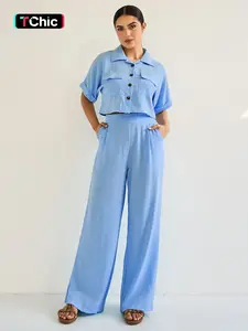 Women's Casual Loose-Fit Crop Top Set, Summer Woven Fabric, Moderate Thickness, Comfortable Fit, Perfect for Daily Wear, Casual Outfits Women