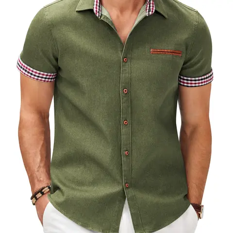 COOFANDY Men's Casual Short Sleeve Button Down Dress Shirt Denim Work Shirts   Collared Menswear