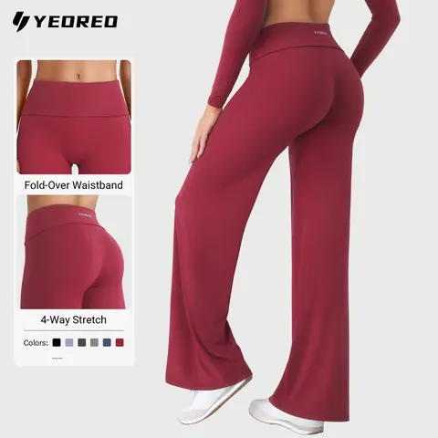 YEOREO Women's Fold Over High-Waisted Athletic Leggings - 31.5" Straight Leg Black Pants with Tummy Control, High Waisted Yoga Pants for Women, Activewear for Yoga & Fitness Training
